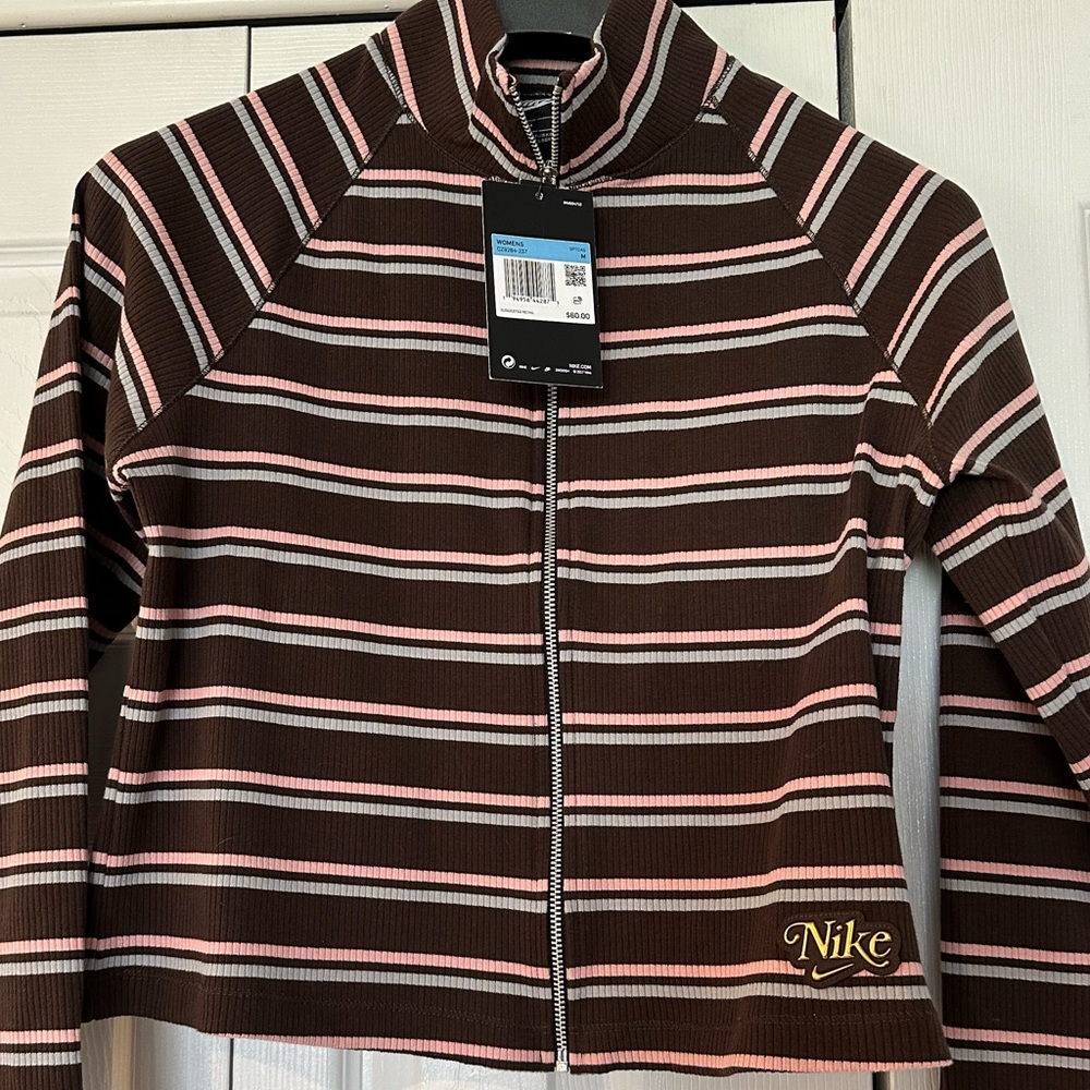 New with tags Nike tight fit women’s brown stripe full zip top size medium